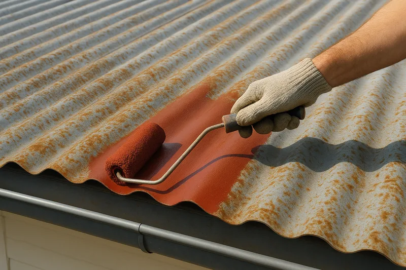 A roller loaded with red-brown primer coating a strip of rust-spotted grey corrugated sheeting beside a metal gutter, a cream-gloved hand on the handle — metal roof restoration, Gosford and the Central Coast. Illustrative example.