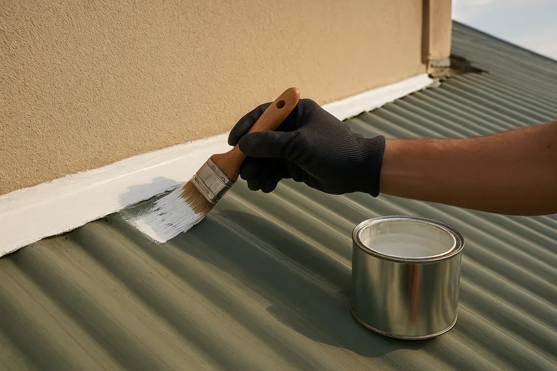 A black-gloved hand using a brush to paint white along the flashing where a tan rendered wall meets green corrugated roofing, an unlabelled paint tin beside it — roof painting and protective coating, Gosford and the Central Coast. Illustrative example.